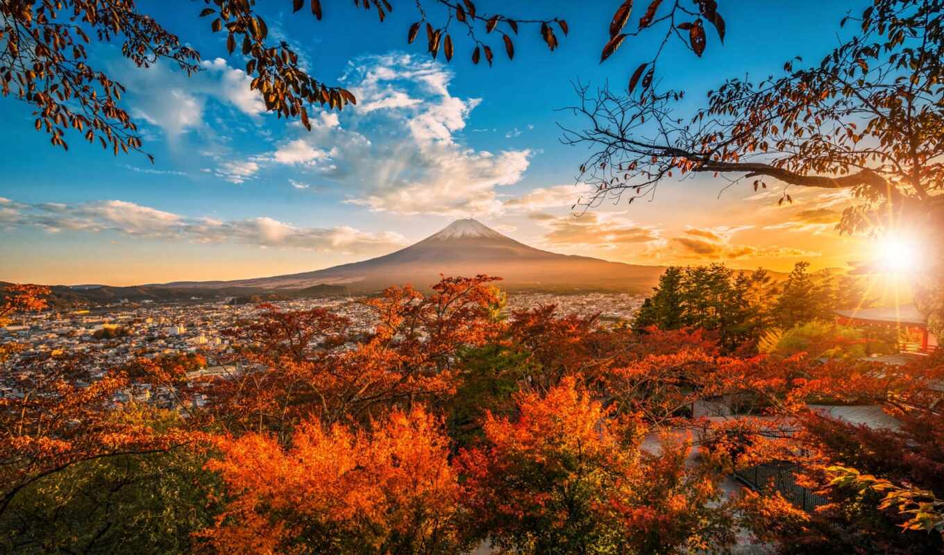 природа, закат, гора, осень, япония, mount