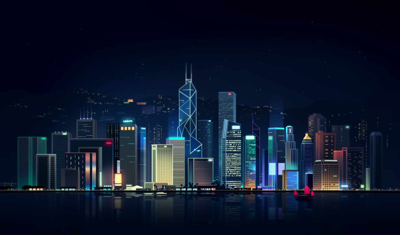 вектор, город, ночь, building, kong, hong, skyline, illustration, royalty, небоскрёба