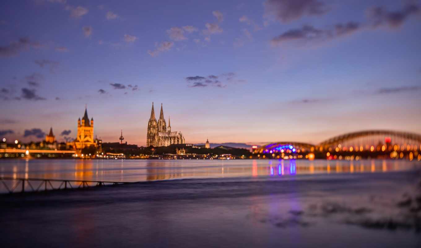 city, night, evening, Bridge, Germany, and, river, cologne, the Germans