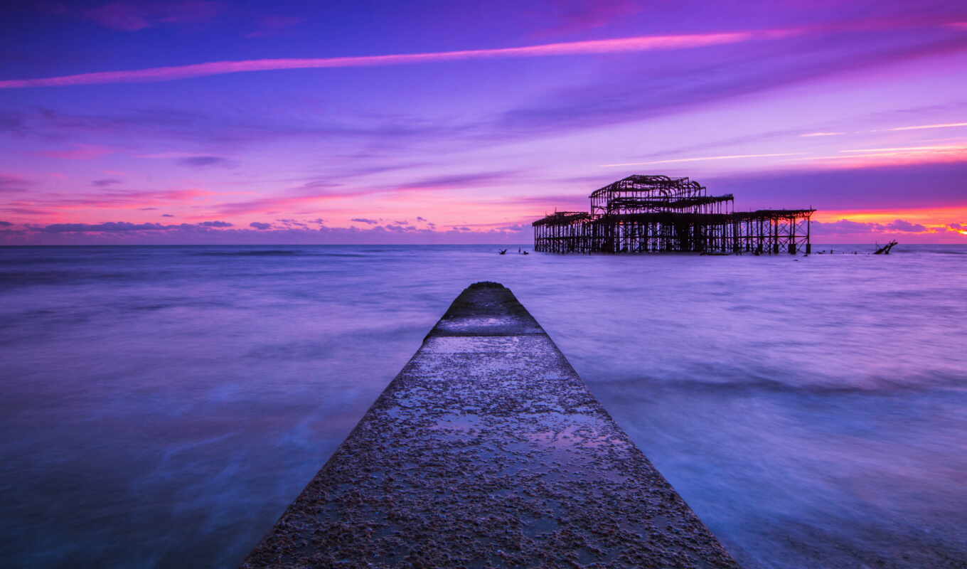 sunset, Great Britain, sea, pier, ocean, uk, lilac, brighton
