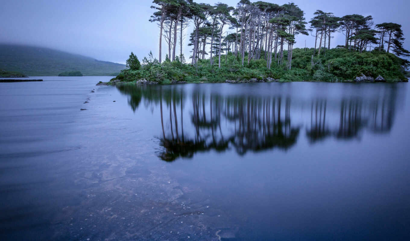 озеро, дерево, остров, pixel, отражение, ireland, dot, connemara, derryclare, lough
