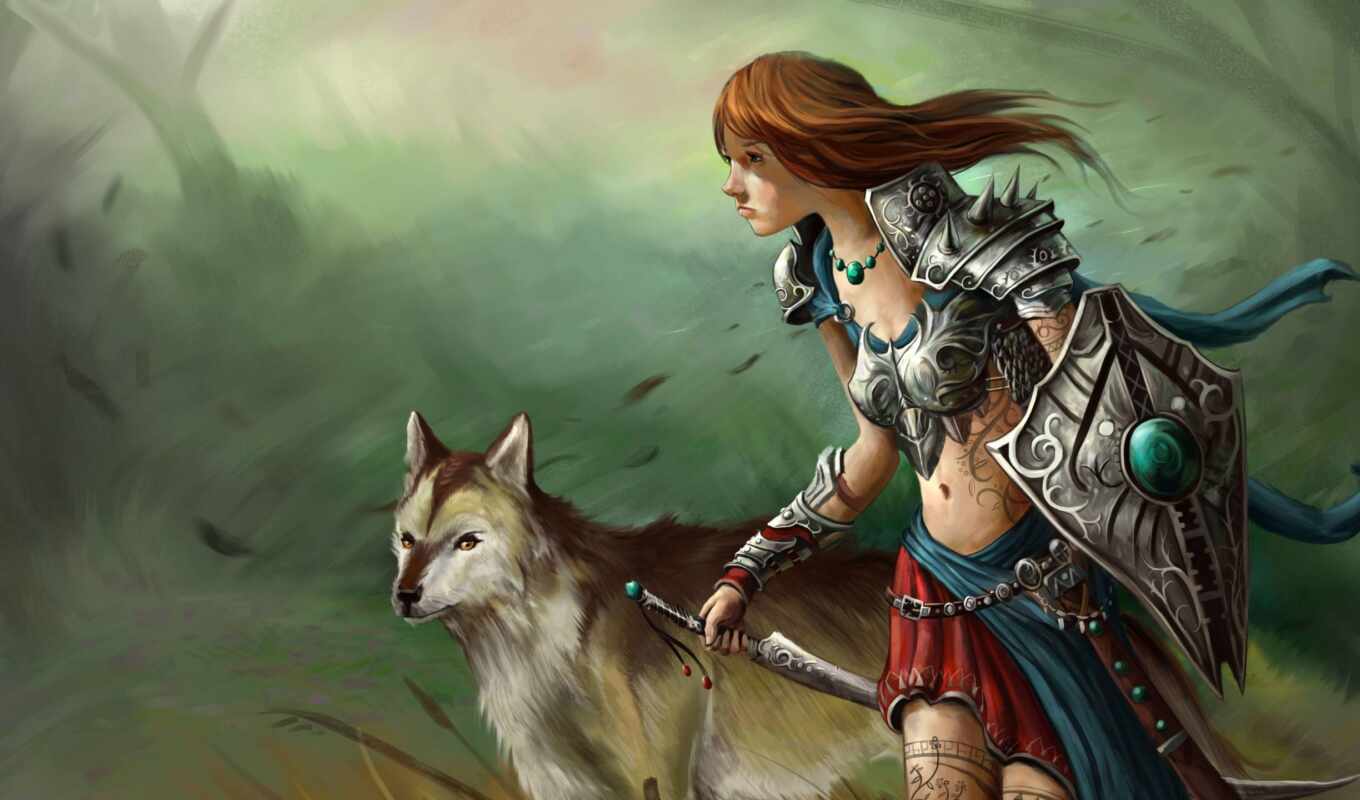 девушка, трава, меч, ветер, волк, щит
