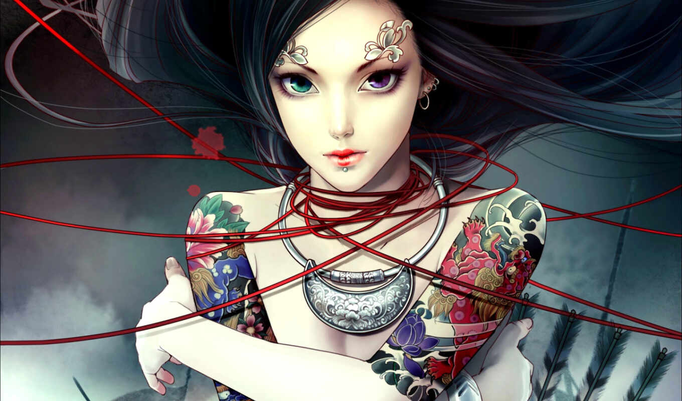 art, girl, woman, online, anime, hair, tattoo, dark, heterochromia