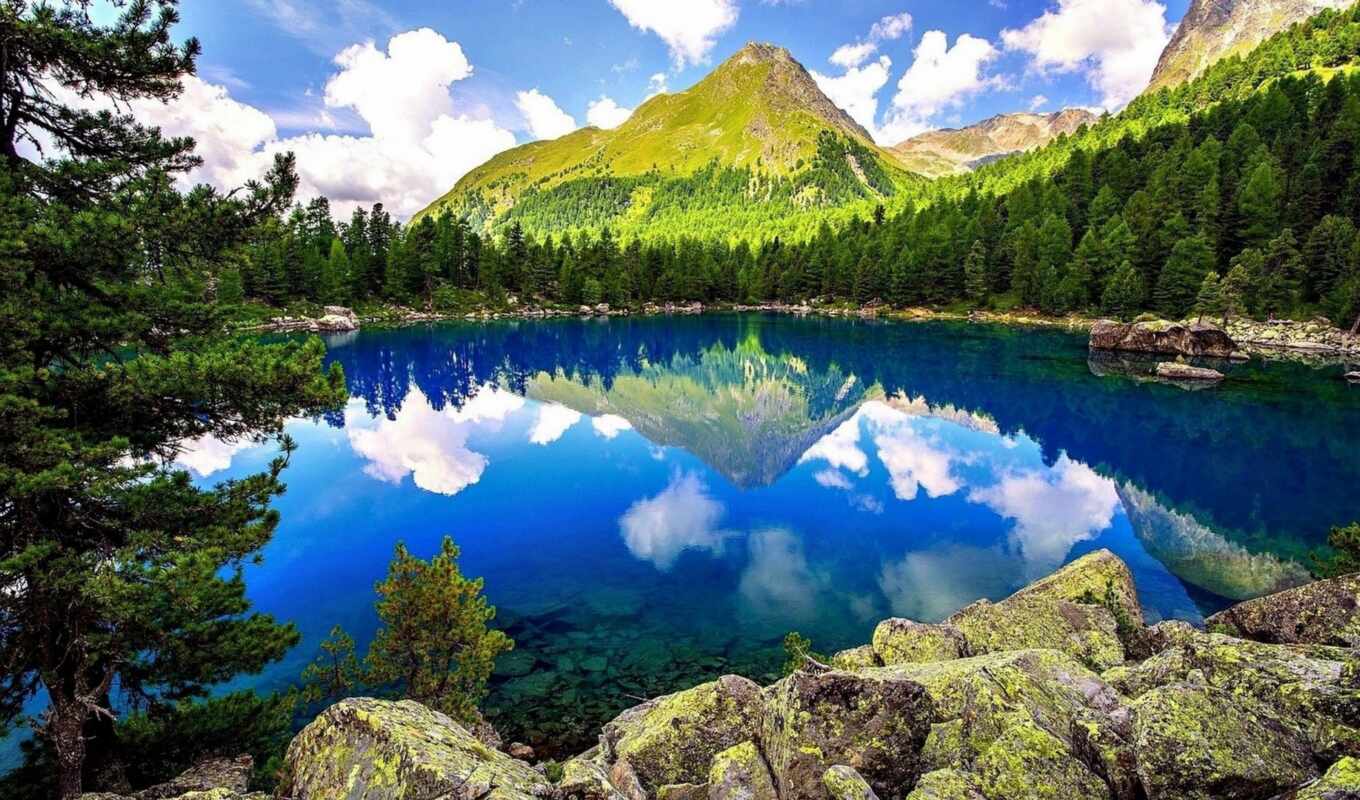 озеро, природа, небо, лес, landscape, мира, природы, trees, камни, горы
