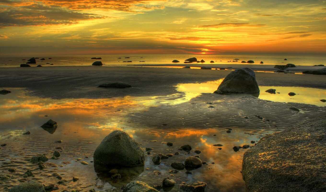 sunset, beach, sand, golden, ocean, stranicahoroshii