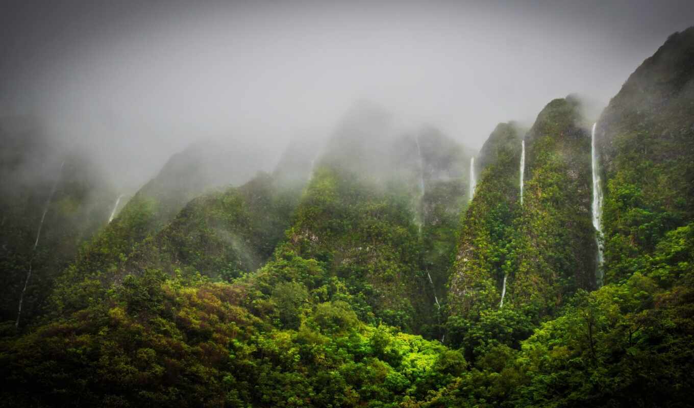 природа, jungle, картинка, водопад, водопады, hawaii, oahu, горные угодья, tropics, горы