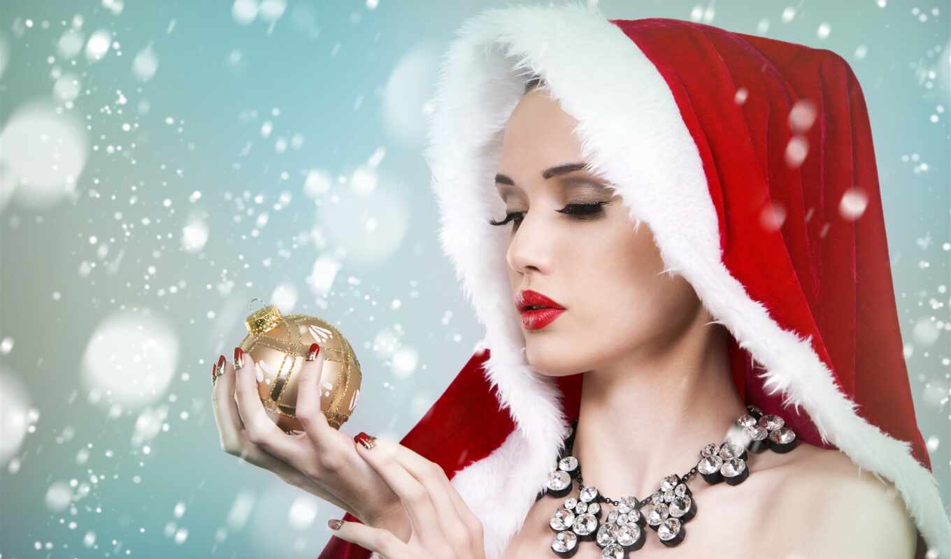 девушка, снег, winter, christmas, смотреть, мяч, ожерелье