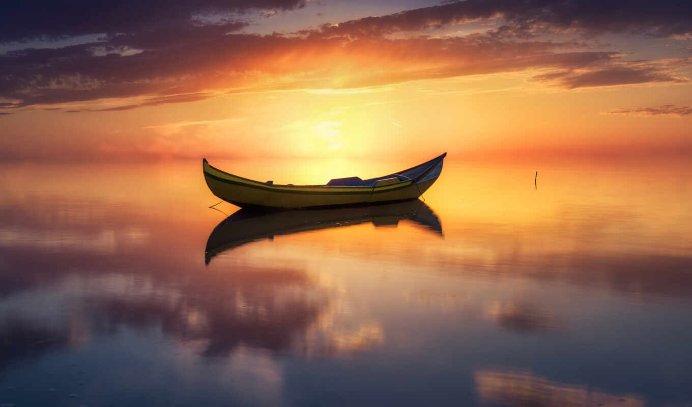 озеро, закат, отражение, лодка