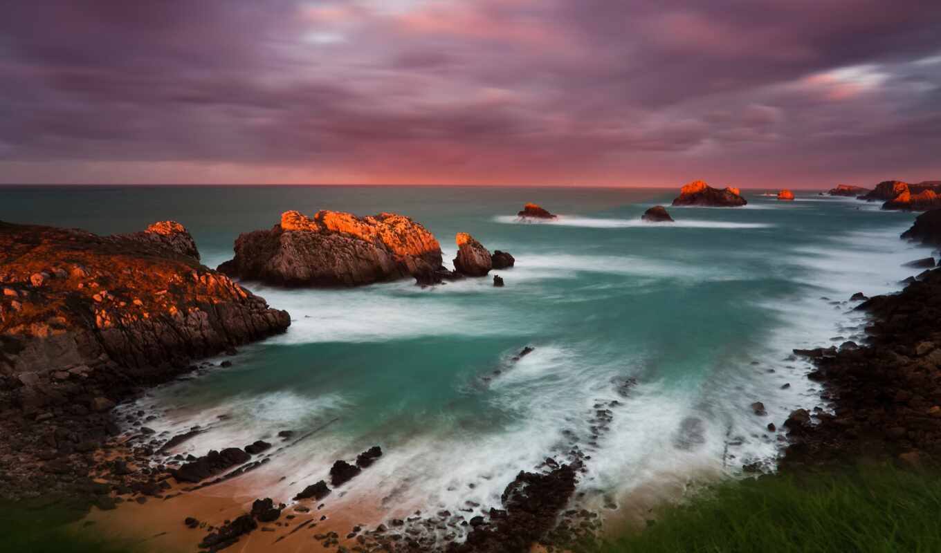 nature, sun, sunset, beach, rock, sea, ocean, wave, coast, Spain