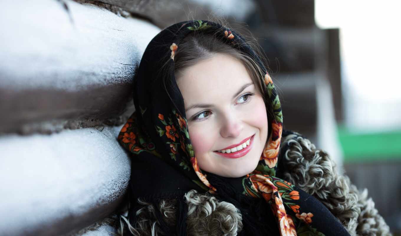 girl, winter, beauty, Russian, wool, beautiful, handkerchief, pavlovoposadskii
