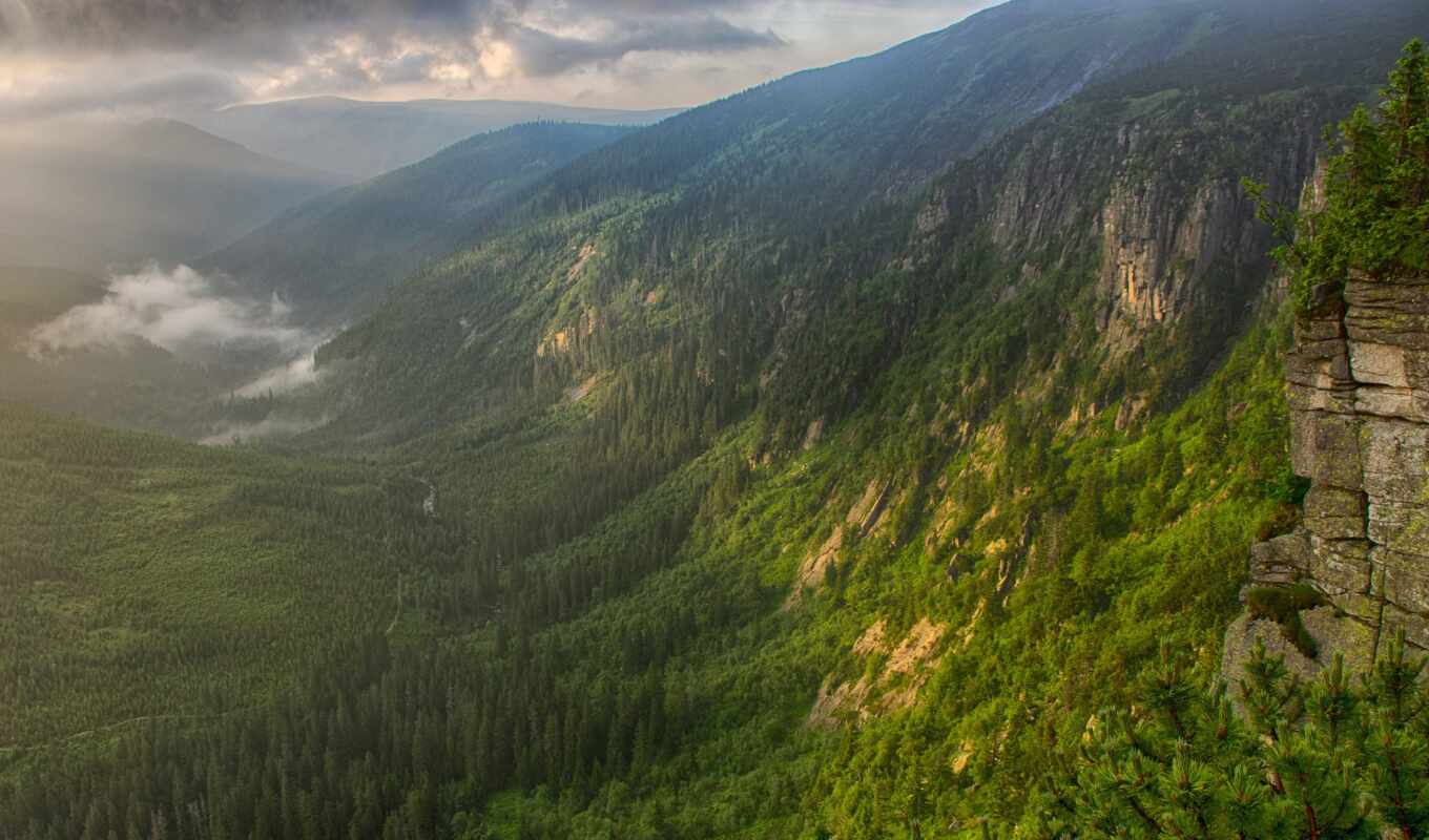 mountains, morning, river, fog, valley