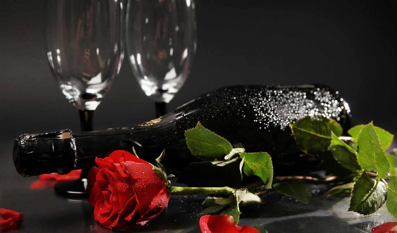 цветы, вино, розы, бутылка, шампанское, бокалы