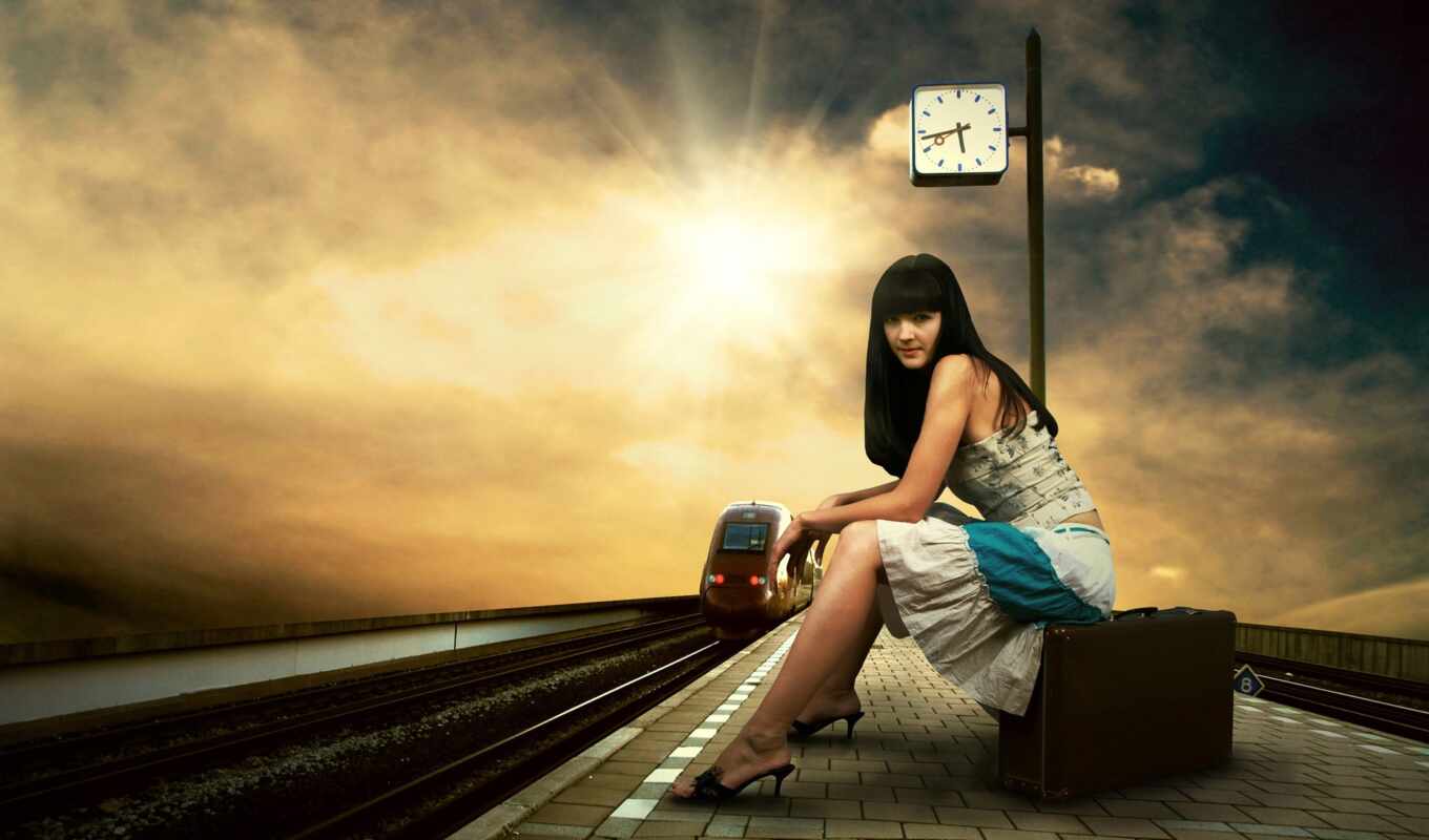 девушка, часы, станция, чемодан, поезд, stop