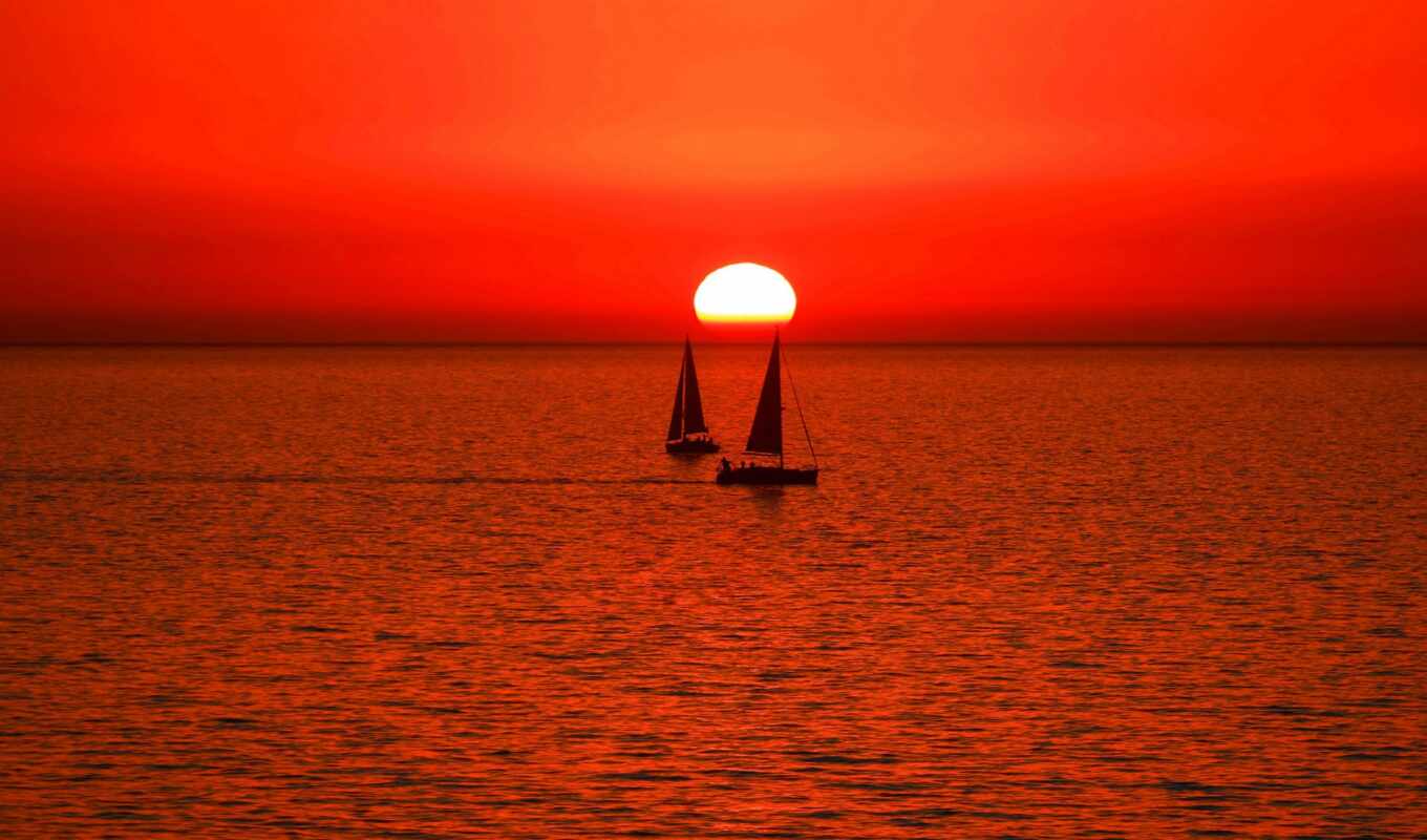 sky, sun, sunset, sea, horizon, a boat, yacht, sail