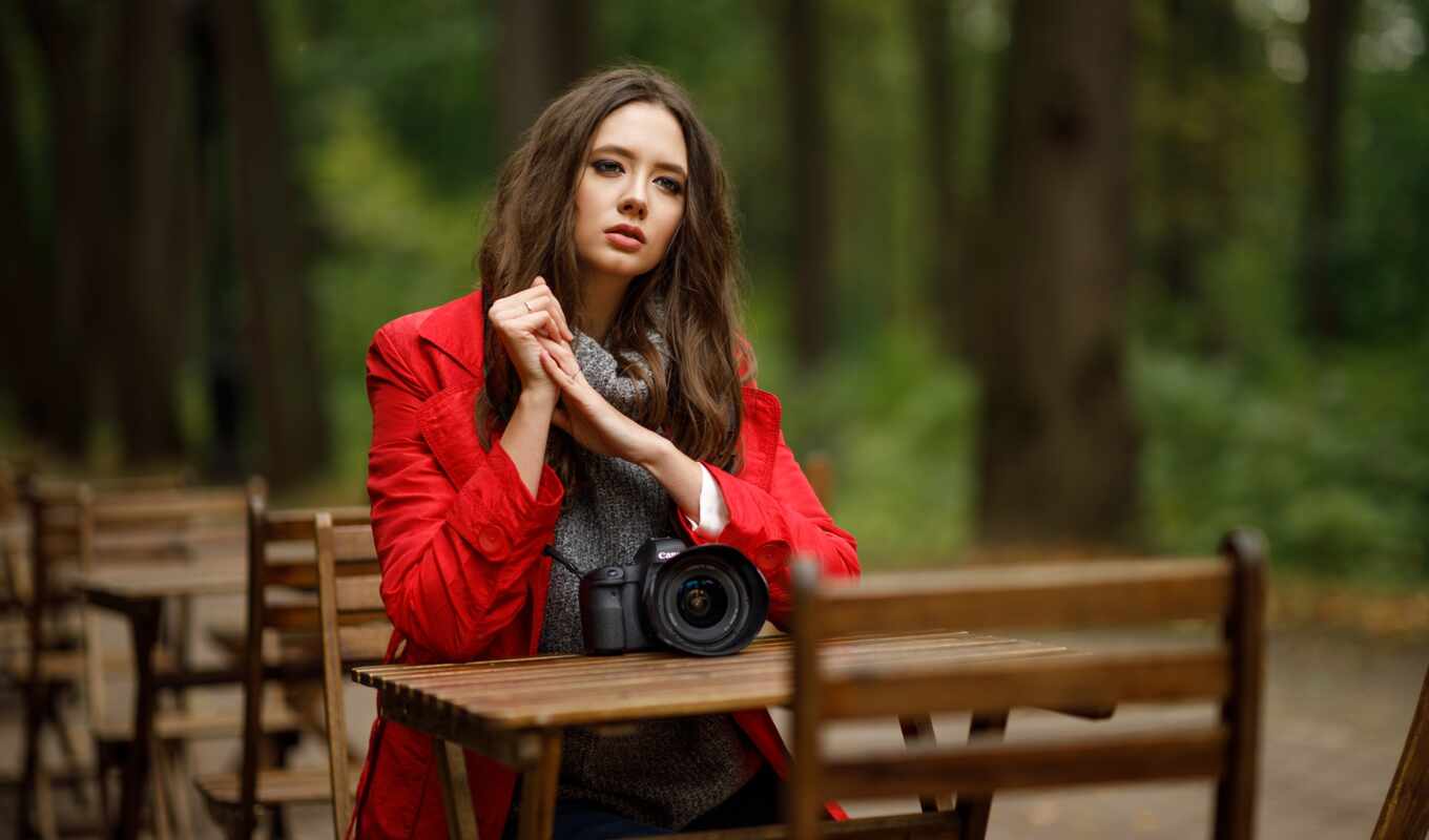 girl, red, model, dress, sit, bench, wood, blurring, Sergey, wear, id