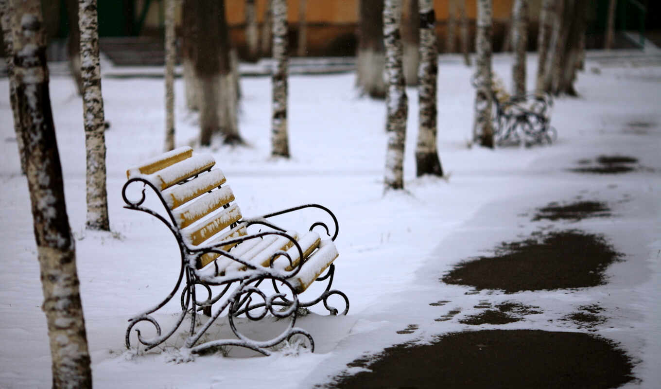 city, winter, park, bench