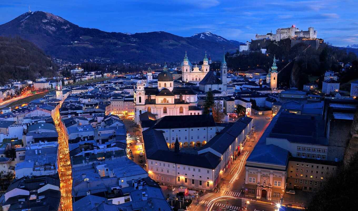 city, night, street, cityscape, Austria, build, Salzburg