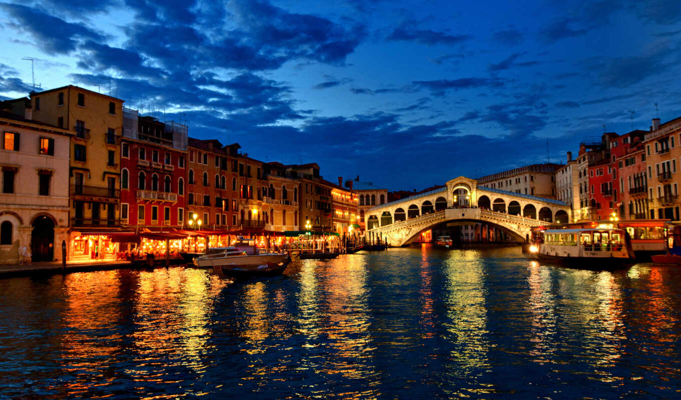 дома, канал, вечер, огни, venice, italian, italy, venezia, венеции, гондолы, лодки