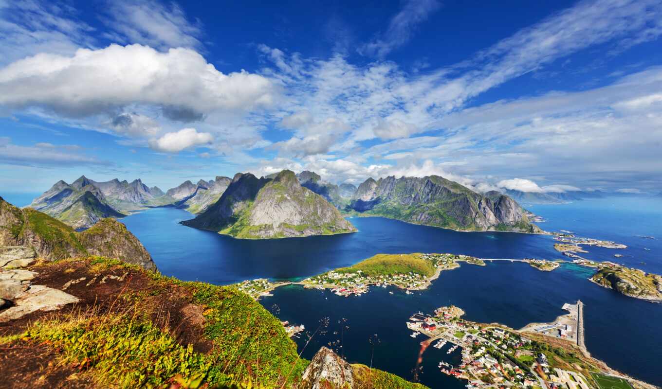 природа, дома, город, landscape, острова, норвегия, bay, лофотенские, norwegian, reki, горы