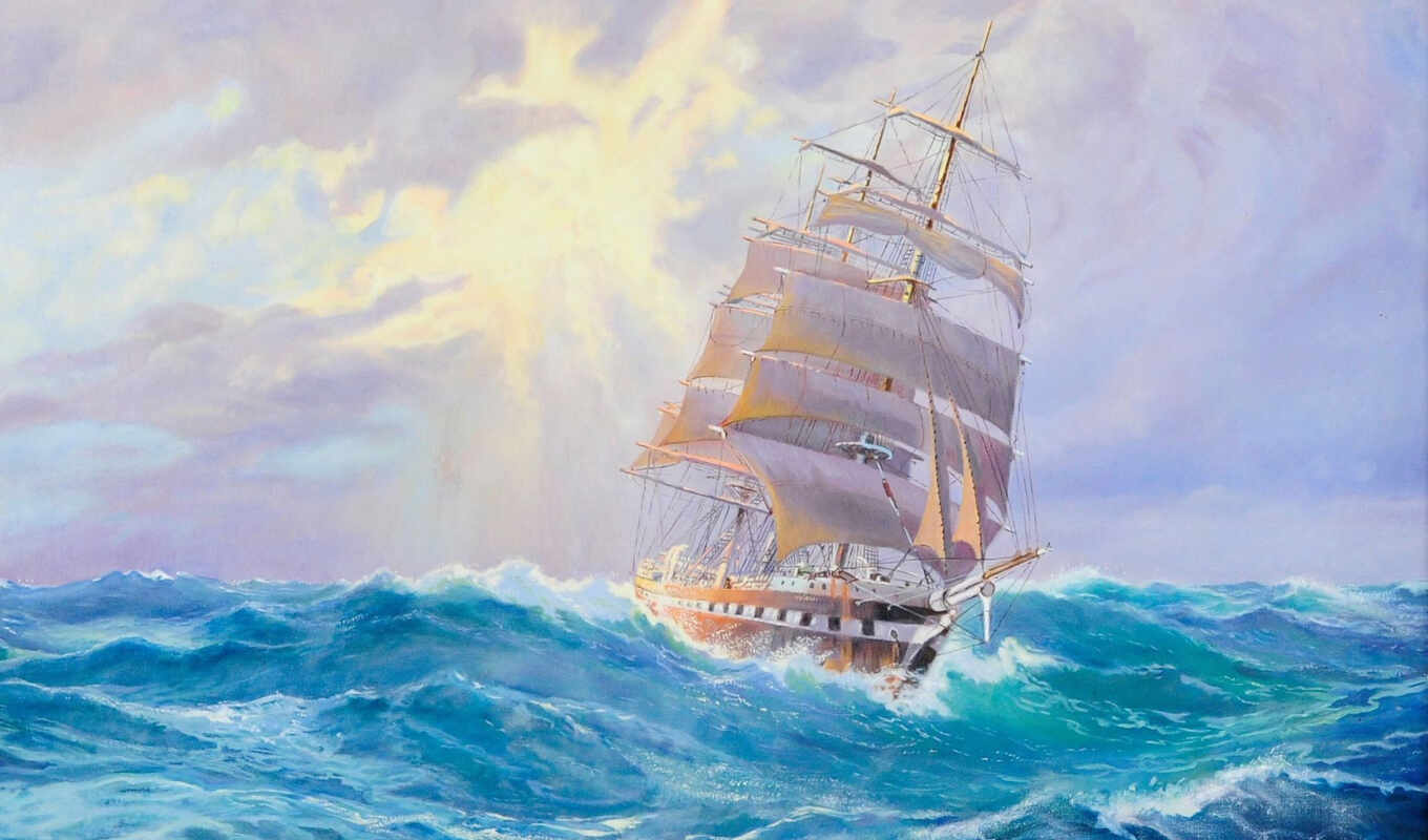 небо, art, корабль, море, высоком, корабли, waves, sailboat