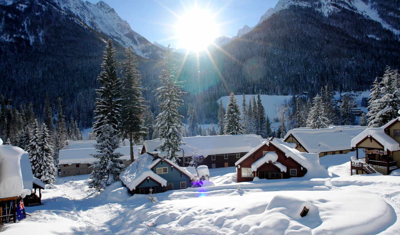 winter, lodge, morning, village, beautiful