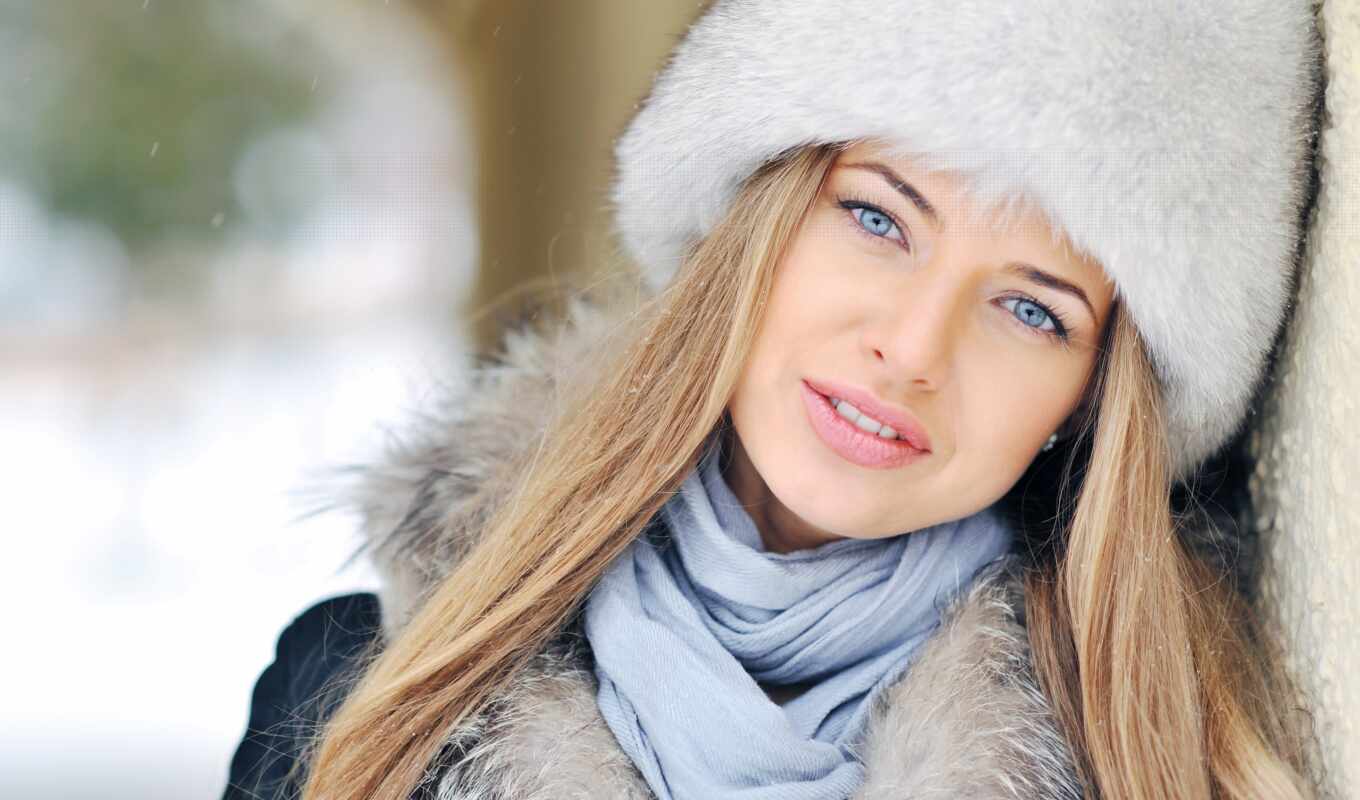 blue, blonde, a cap, fur, scarf, blue - eyed
