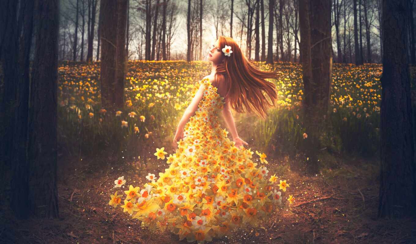 flowers, girl, creative, design, dress, shelby, daffodils, robinson, colors