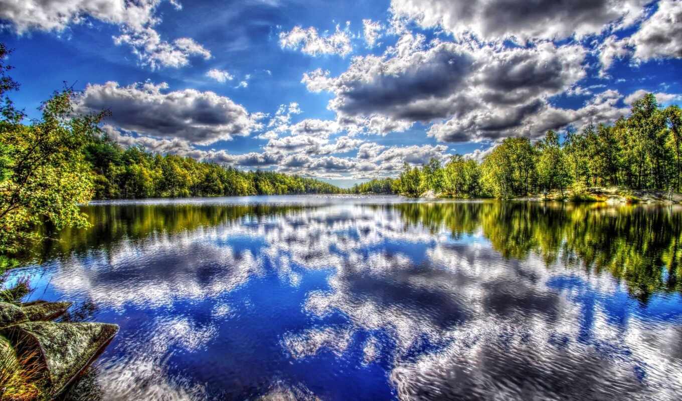 небо, summer, река, hdr, trees, clouds
