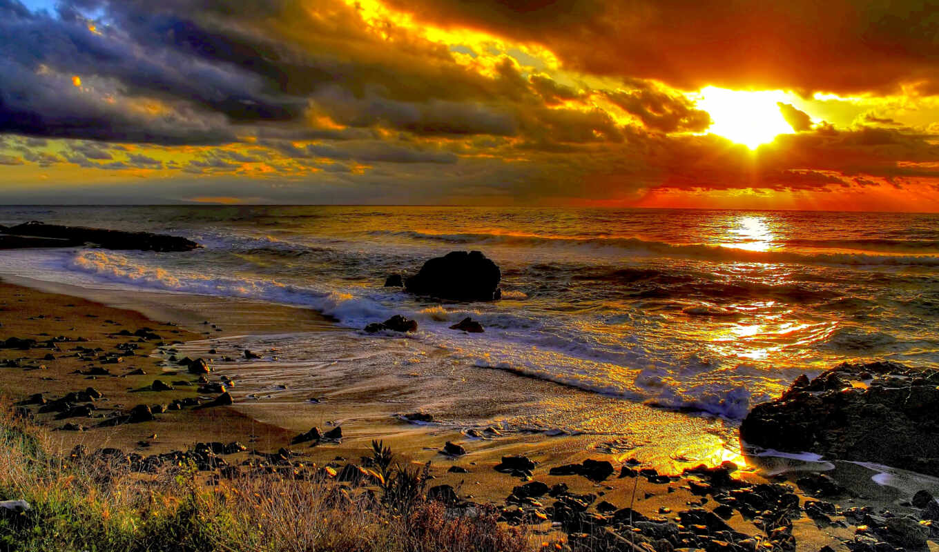 sunset, beach, landscape, sea, screensavers, ocean, waves, beach