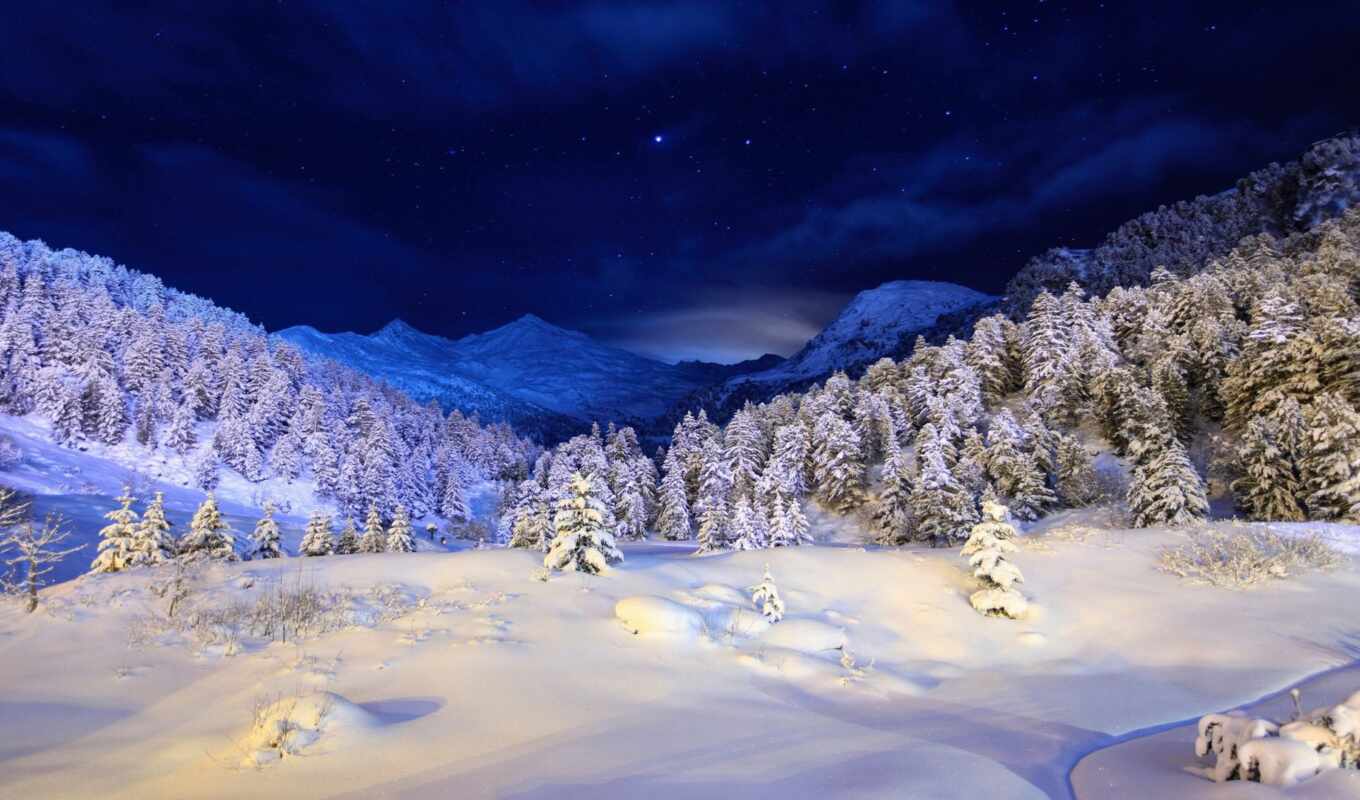 nature, night, snow, winter, river, waterfall, trees, christmas trees