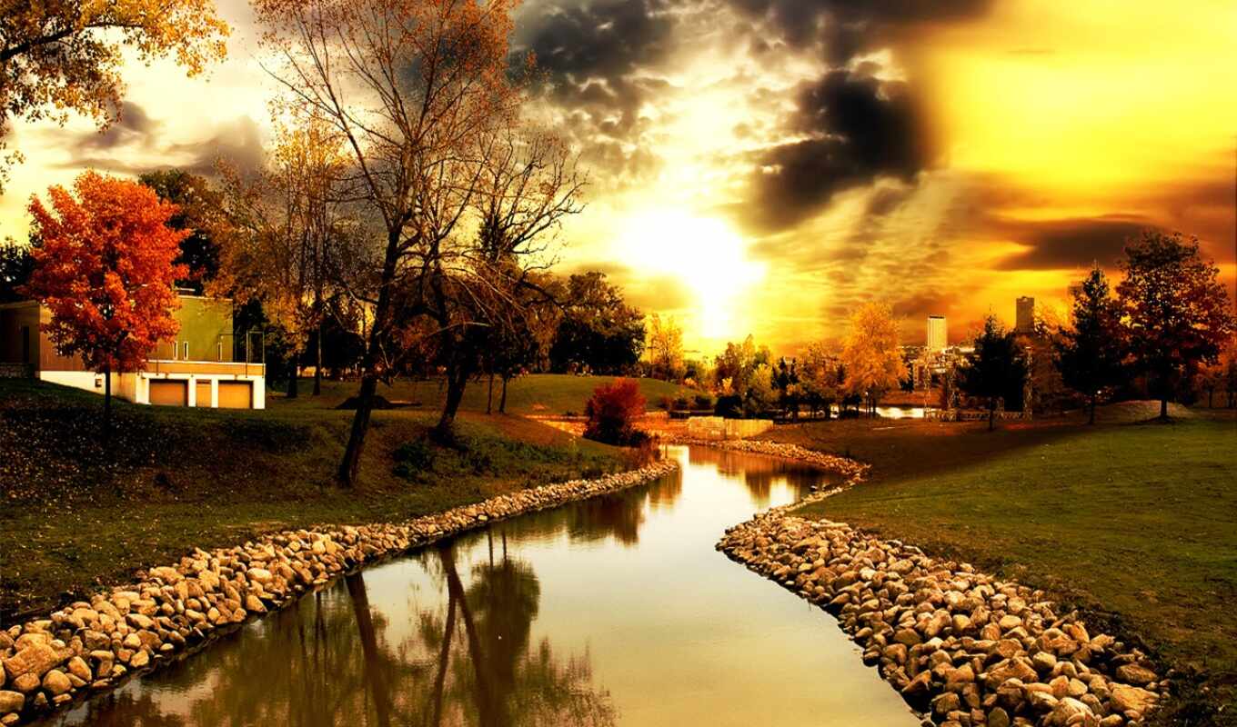 sky, autumn, day, trees, different, park, waters, river