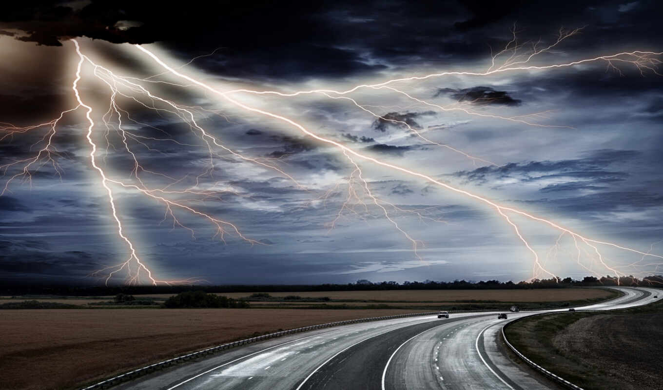 буря, дорога, lightning, природные, явления