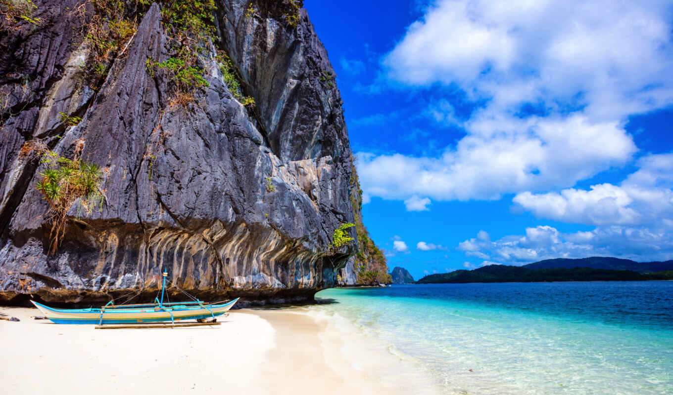 beach, rock, sea, sand, cloud, coast, a boat, philippines