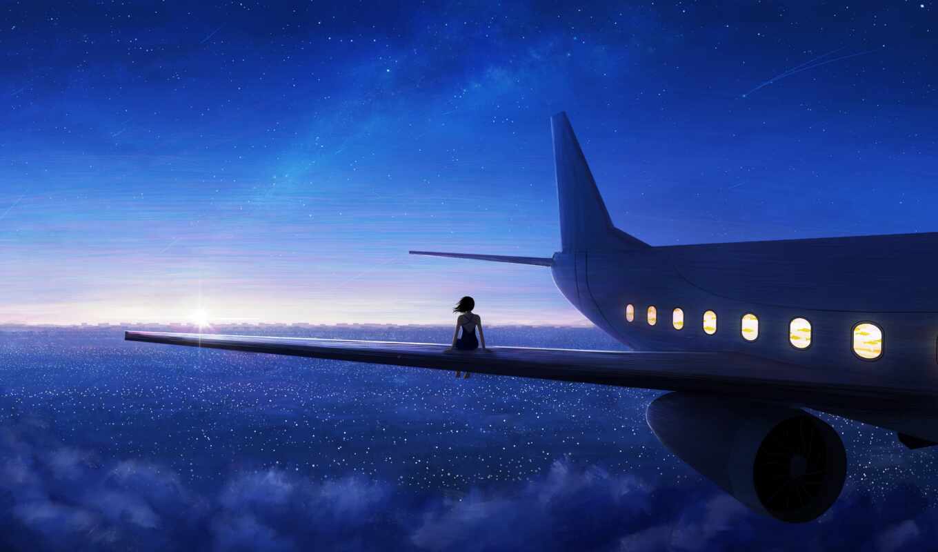 небо, девушка, фон, anime, shoot, star, sit, airplane, крыло, plane