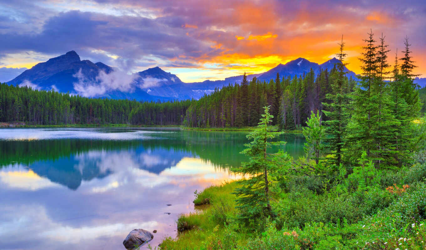 lake, nature, sunset, mountain, she, Canada, alberta, park, national, banff, herb