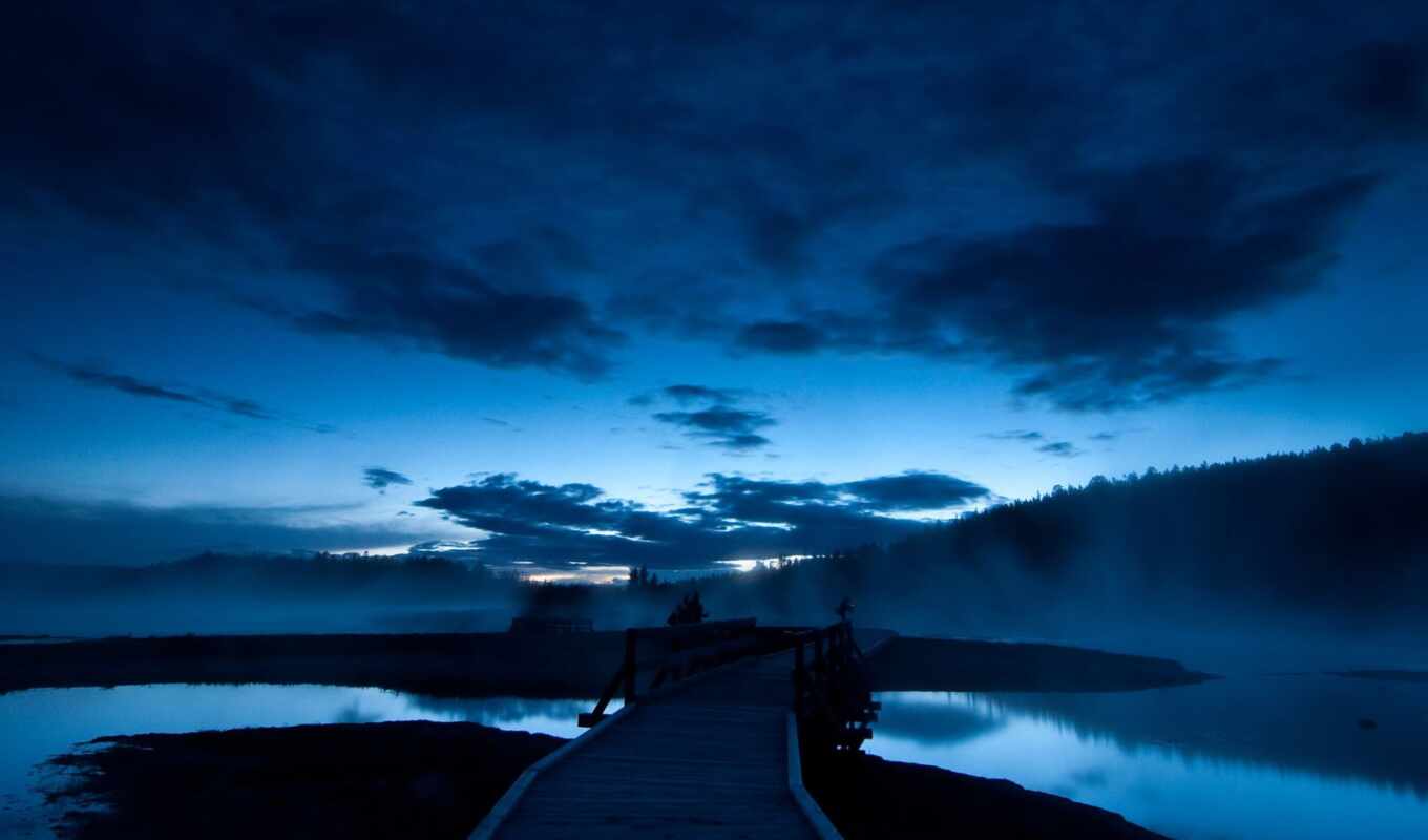 природа, небо, blue, ночь, water, мост, landscape