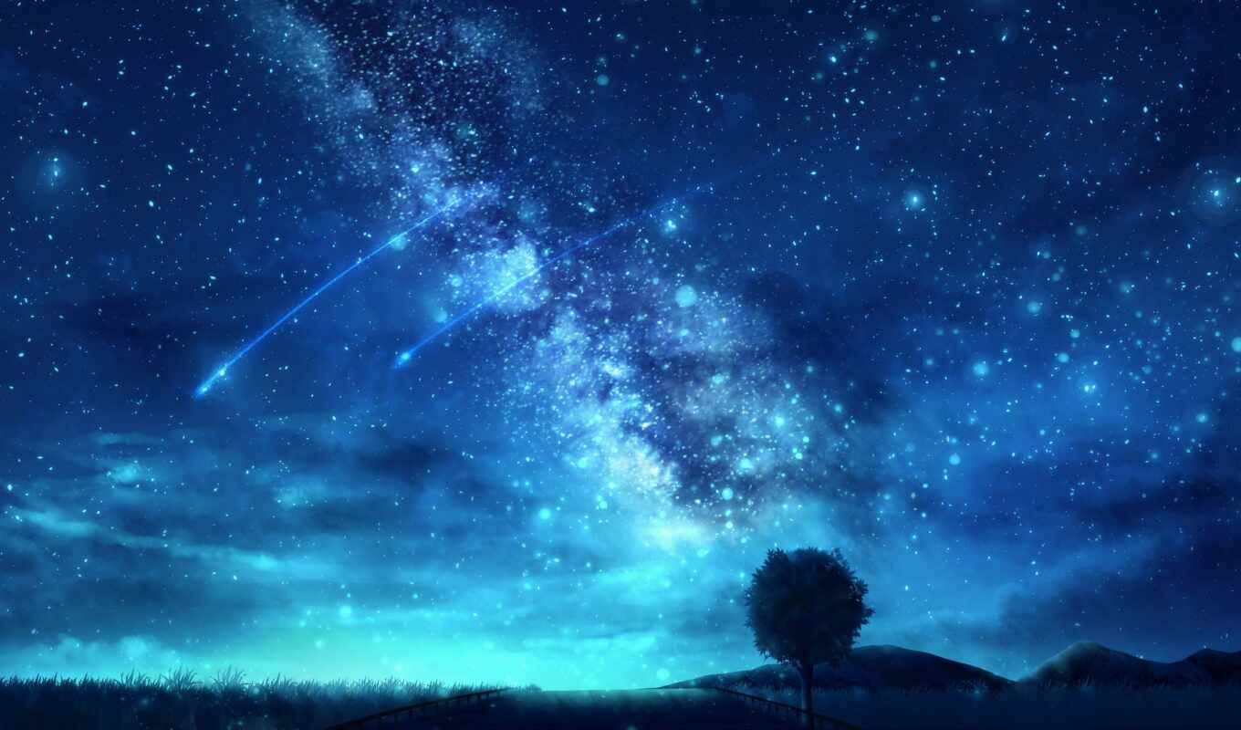 небо, дерево, ночь, космос, star, starry, арт