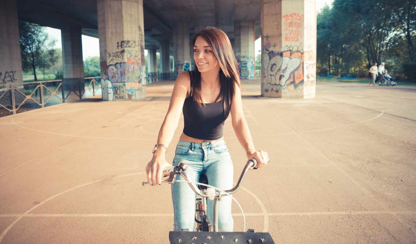 woman, field, brunette, model, smile, bicycle, depth, rare