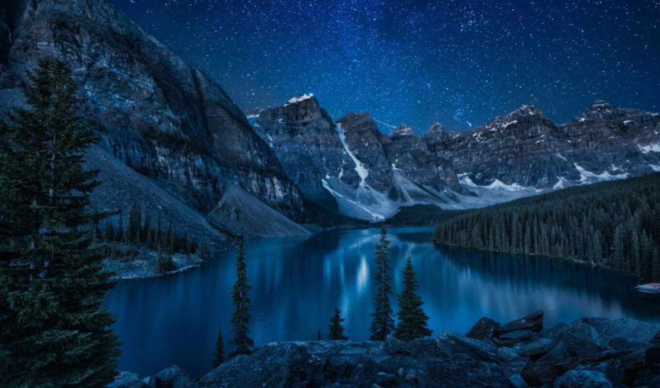 lake, nature, night, forest, alberta, river, smartphone, mountains