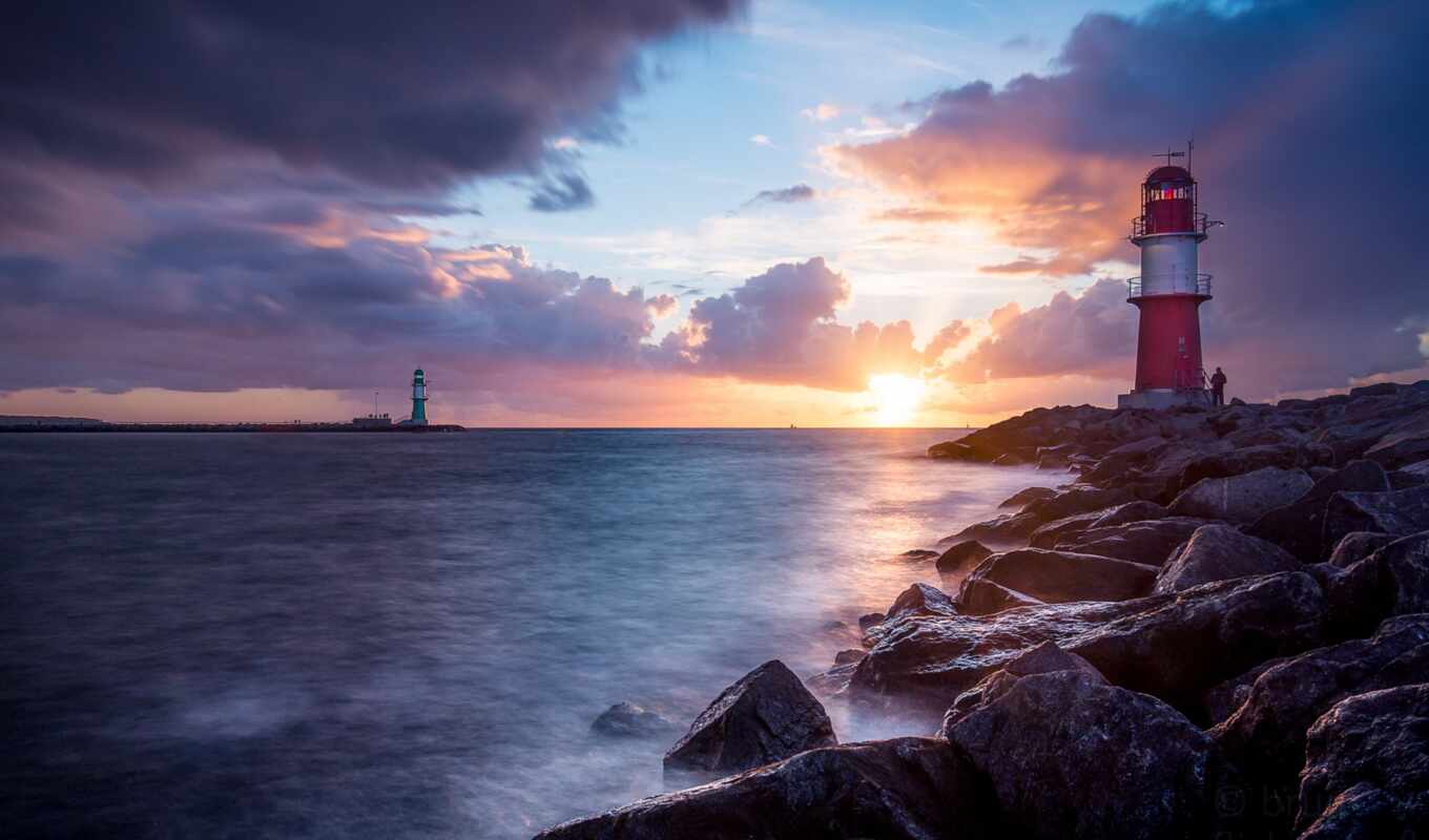 sunset, Germany, sea, lighthouse, sprout, An, run, a, shall, in Rostock, warningünde