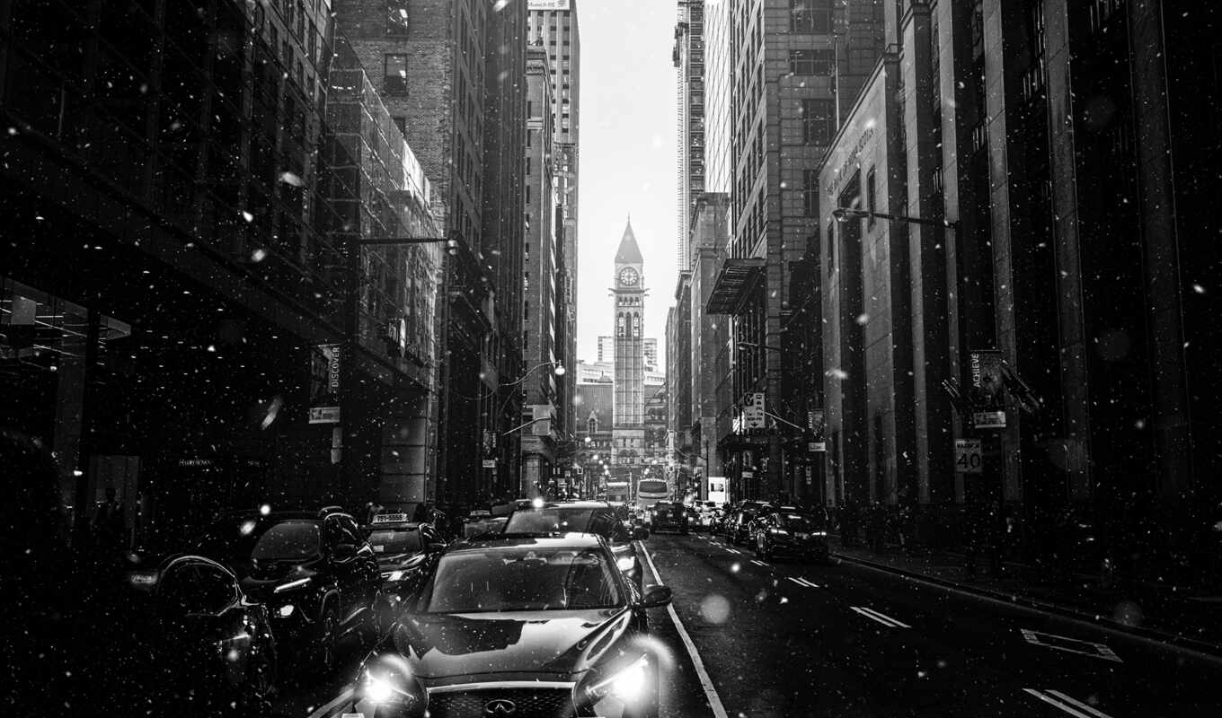 black, white, city, snow, street, building, car, monochrome