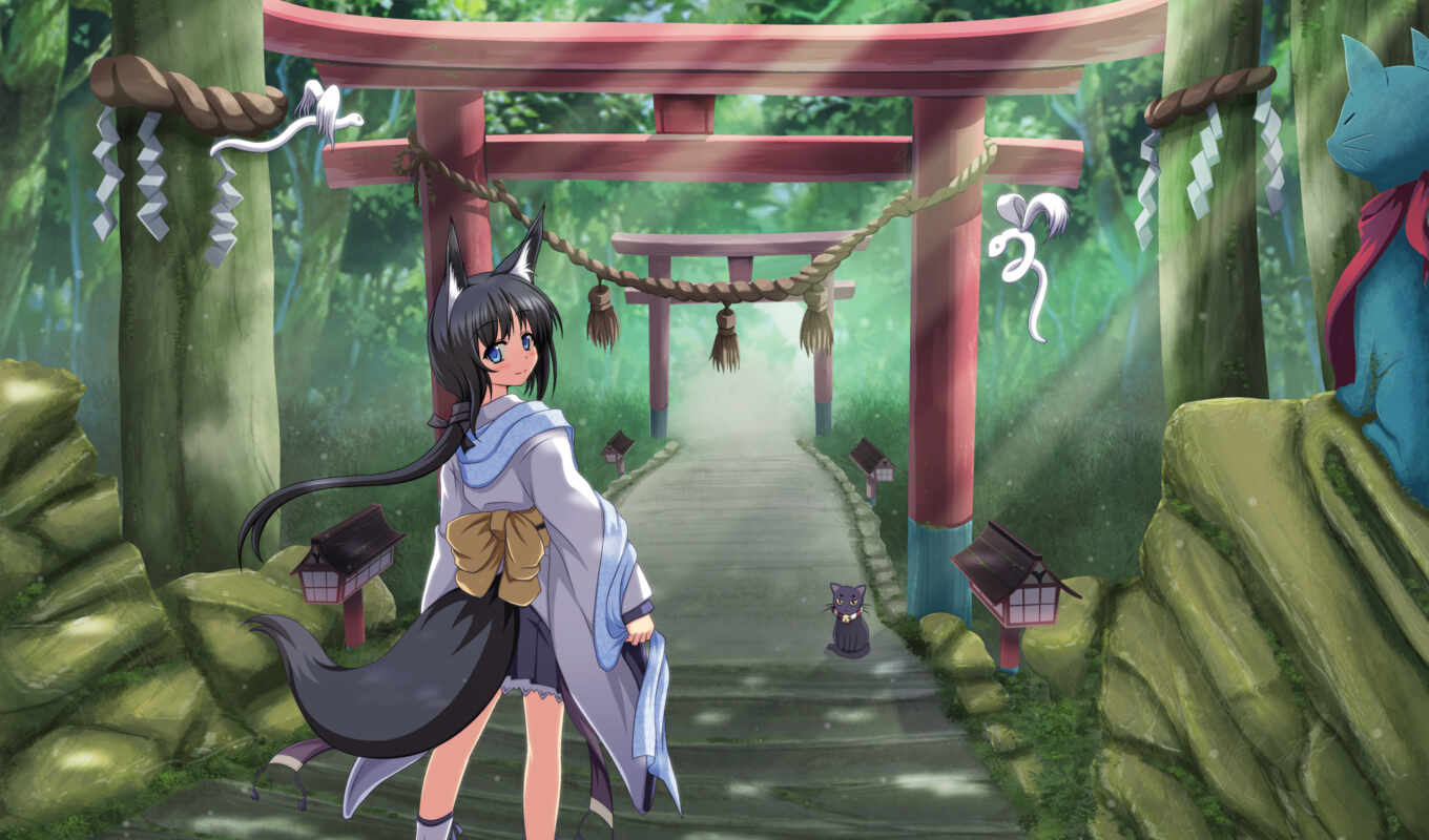 anime, cat, temple, landscape, girl, animal, ears, some, steps, tail