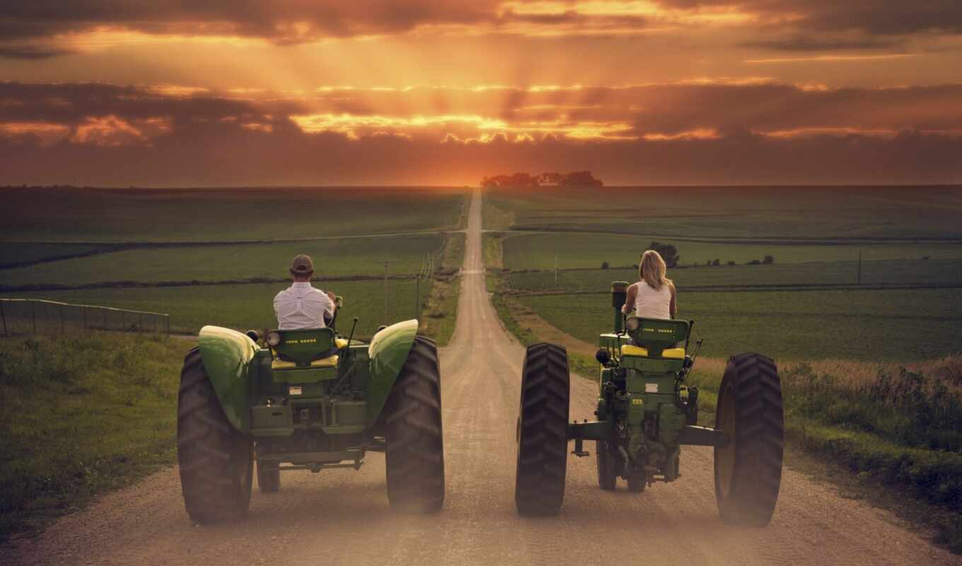sunset, road, field, way, tractor, margin, tractor