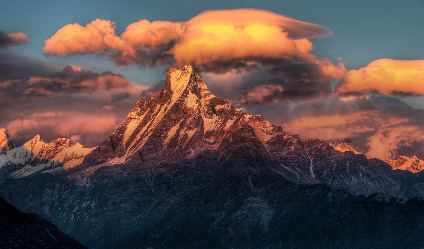 nature, sky, sunset, snow, top, himala, peak, ridge, nepal, cloud, mountains