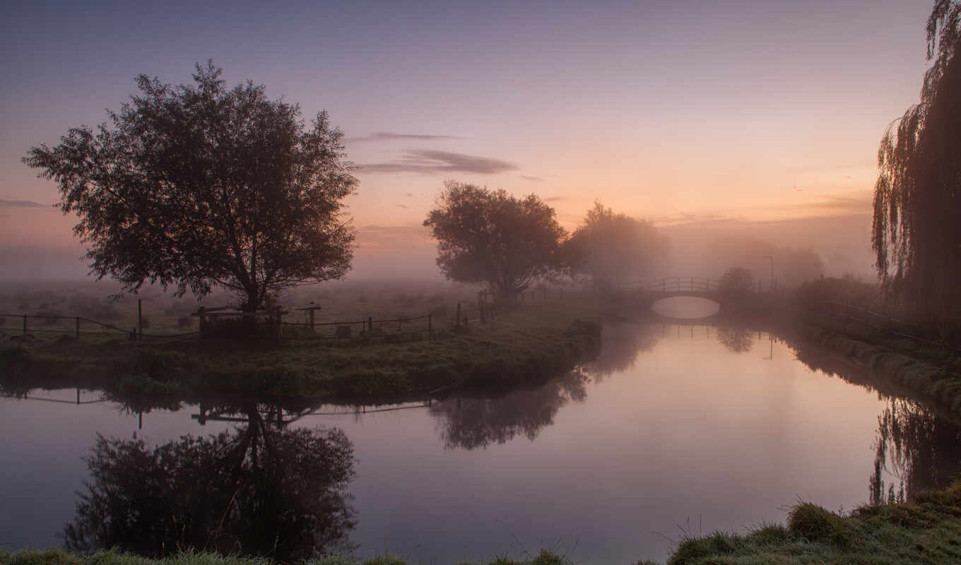 Bridge, landscape, morning, river, fog