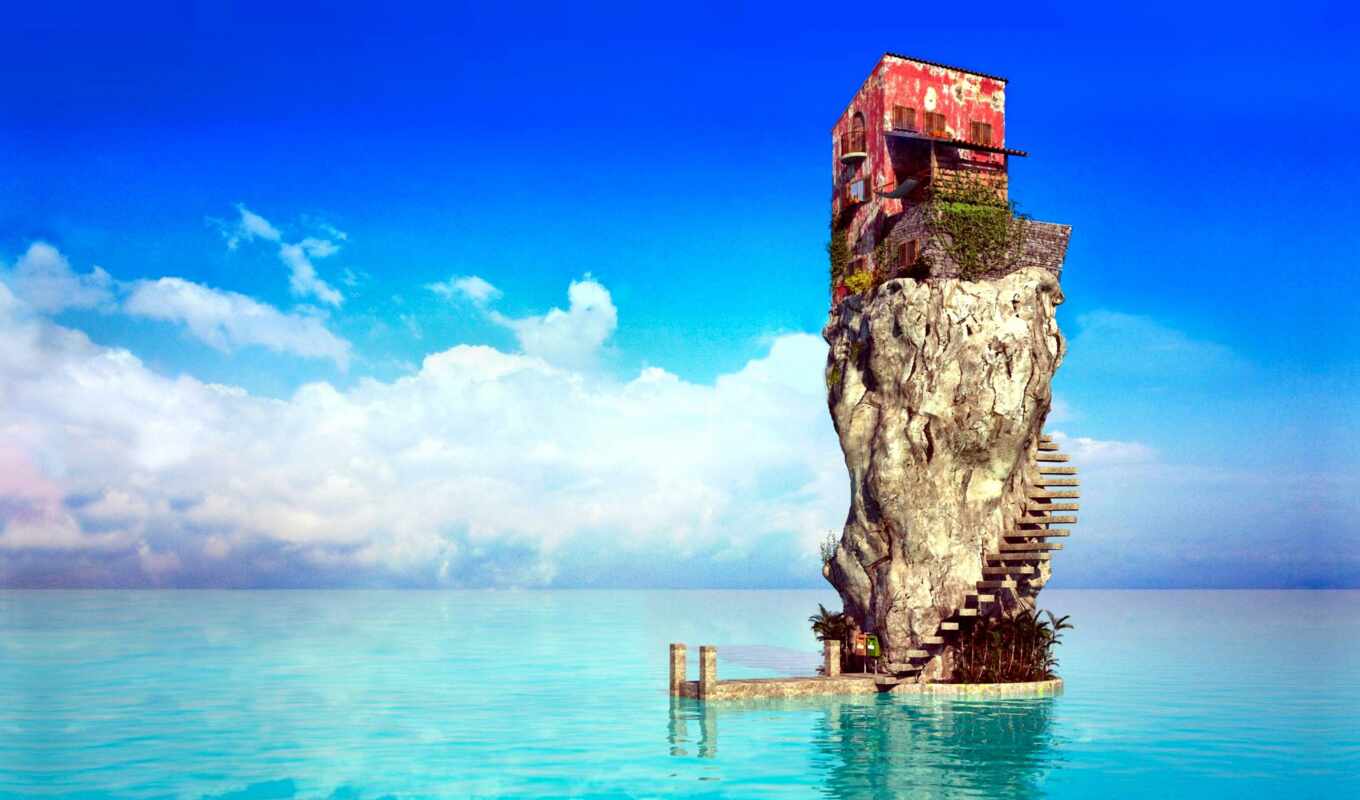 house, картинка, rock, лестница, ocean, скале, pinme