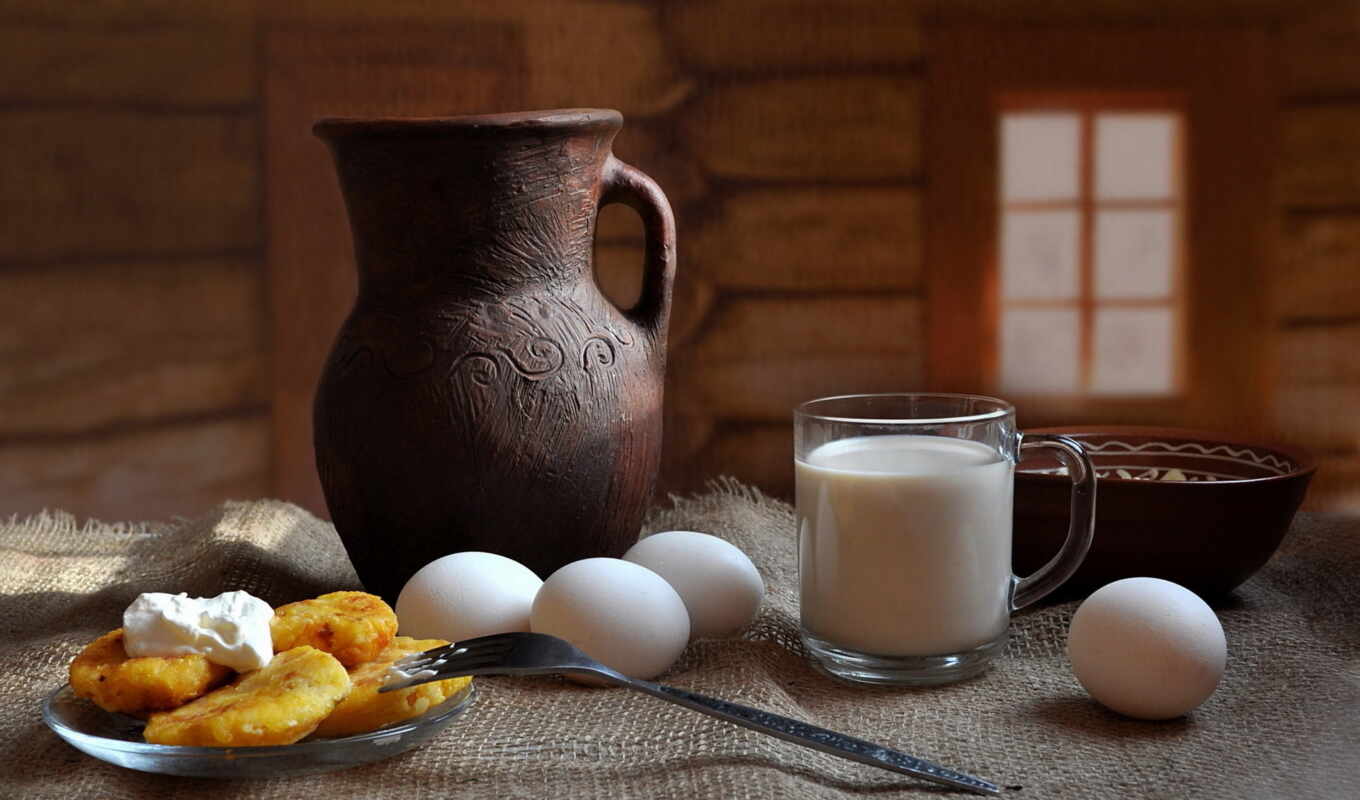 meal, picture, milk, fork, fruits, berries, still-life, eggs