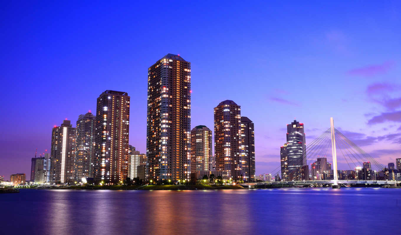 at home, evening, Bridge, skyscrapers, capital, japanese, megapolis, Tokyo
