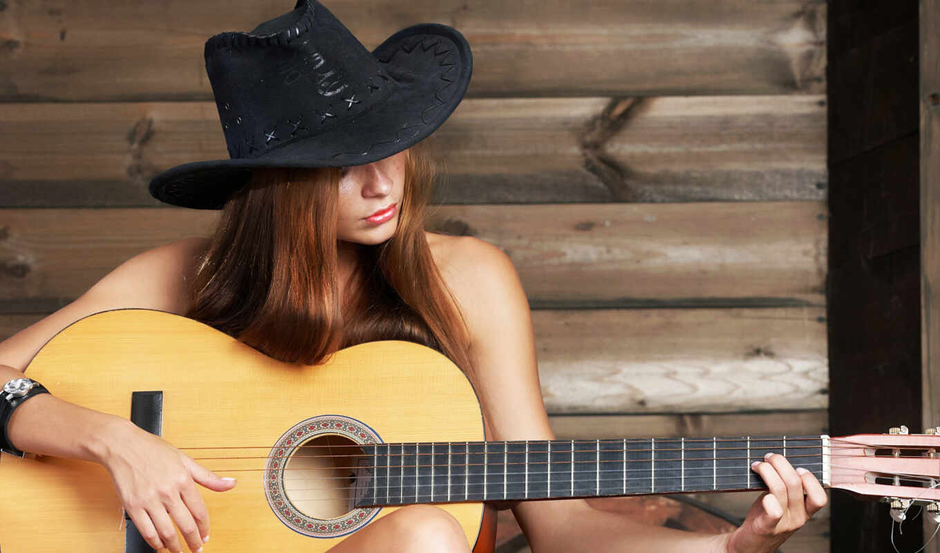 шляпа, девушка, играющая, играет, шляпе, гитаре, ковбойской