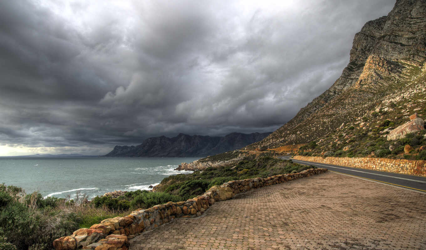 grass, road, landscape, cloud, mountains